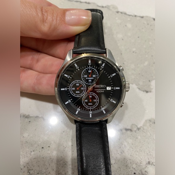 Seiko Chronograph Watch Seiko Wrist Watch Black leather silver luxury timepiece